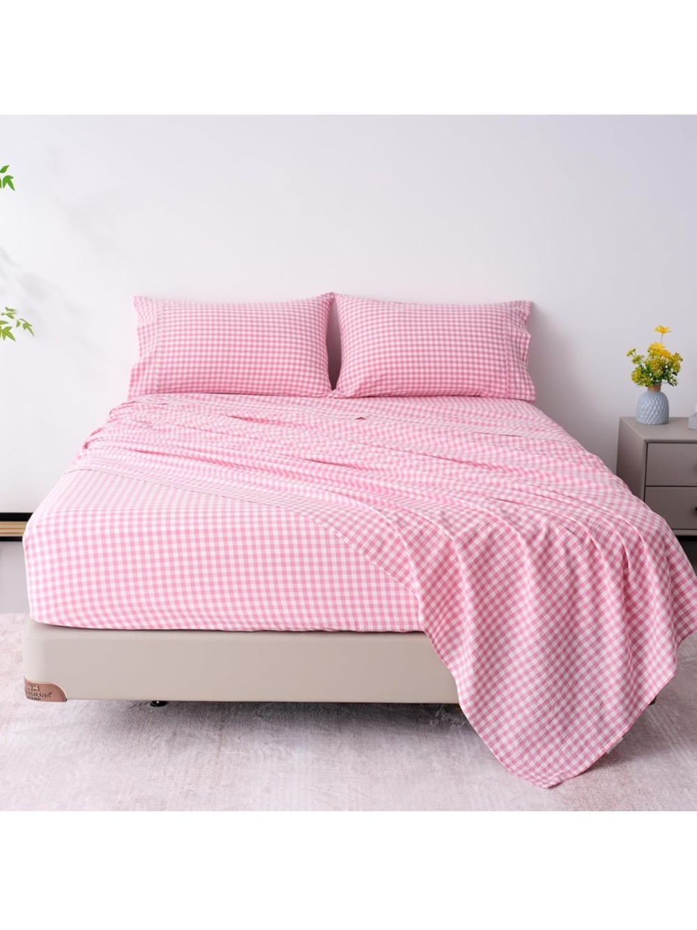 Best Season Cotton Pink Checkered Twin Size Sheet Set 3 Piece